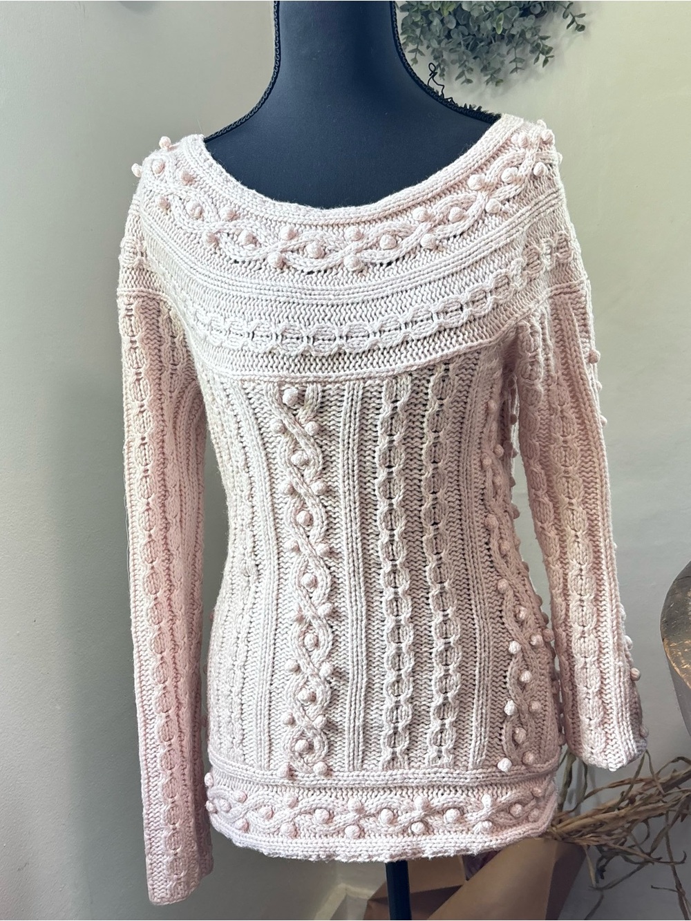 Moda International Off-the-Shoulder Bubble Cable Knit Sweater - Light Pink